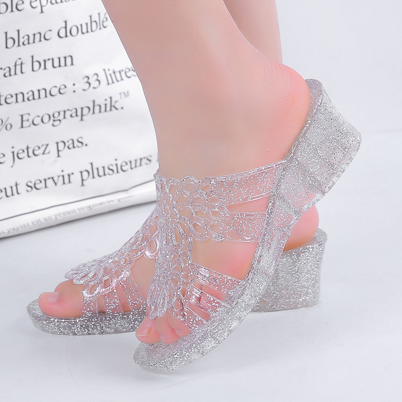 High Heel Slippers 2022 New Summer Crystal Transparent Plastic Fashion Wedge Mom Slippers One-Piece Delivery