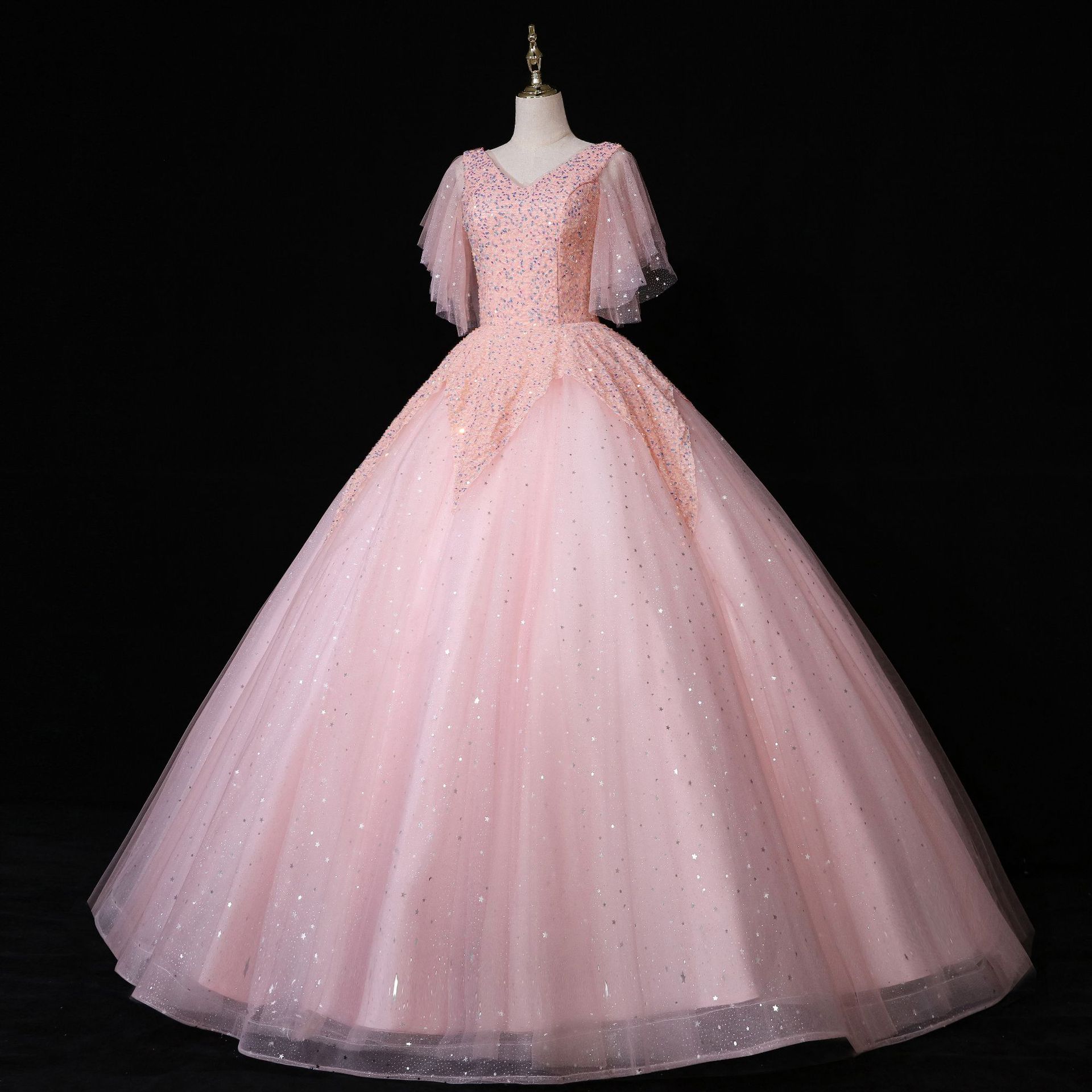 跨境外贸婚纱晚礼服 浅粉色v领新娘敬酒服晚宴舞台演出蓬蓬裙供应