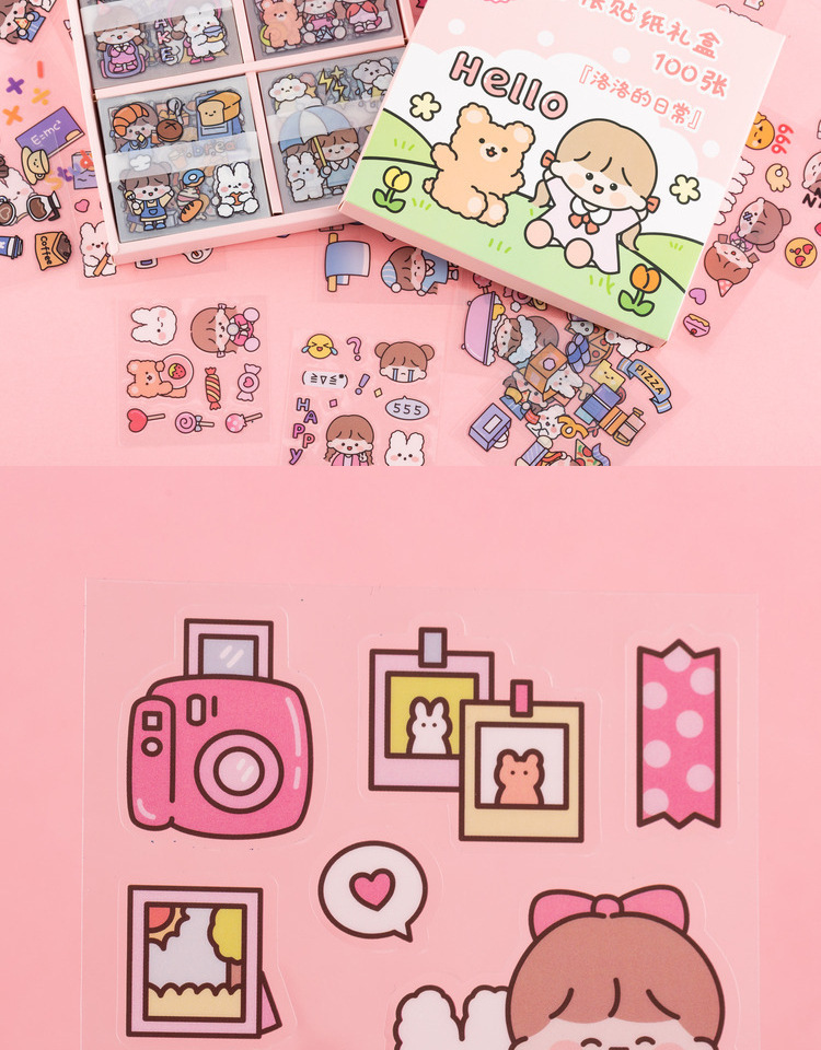 可爱卡通女孩少女心手账保温杯贴纸100张装pet防水贴纸手帐礼盒