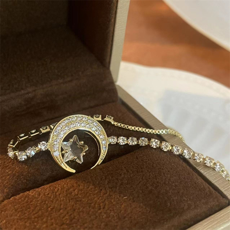 Korean Style Ins Style Zircon Shining Diamond Crescent Super Fairy Bracelet Fresh Sweet Design Five-Pointed Star Bracelet Bracelet