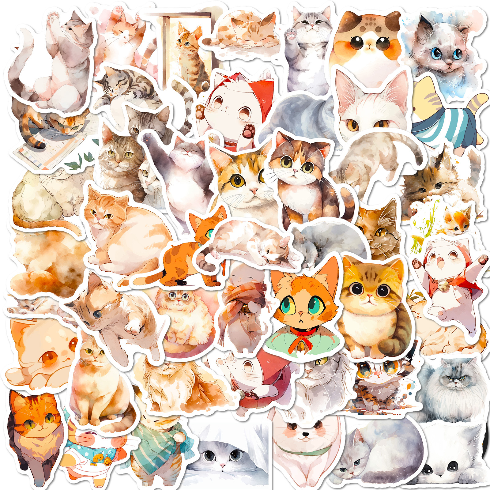 50张水彩猫贴画卡通可爱猫咪水彩贴纸装饰行李箱吉他手账本贴纸