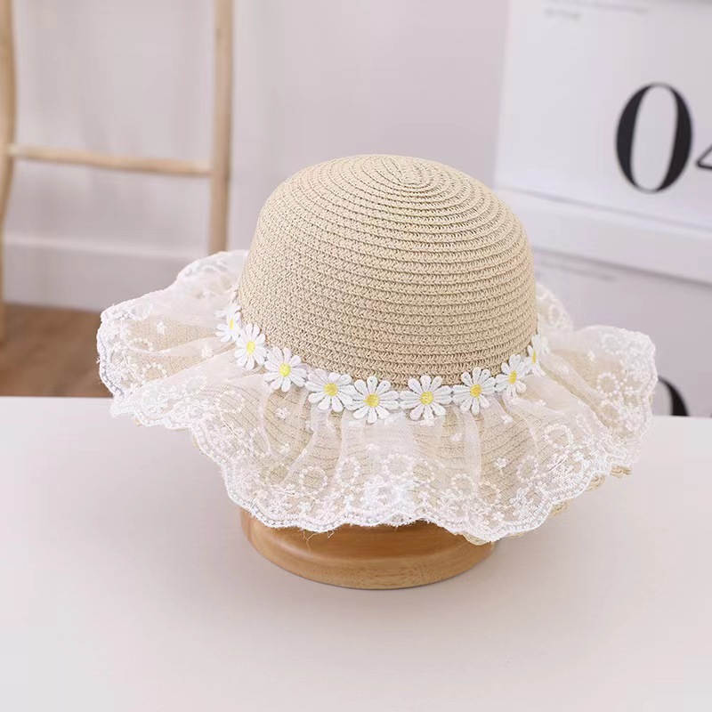 Girls' Hat Summer New Children's Little Daisy Lace Straw Hat Thin Type Sunscreen Beach Uv Protection Sun Hat