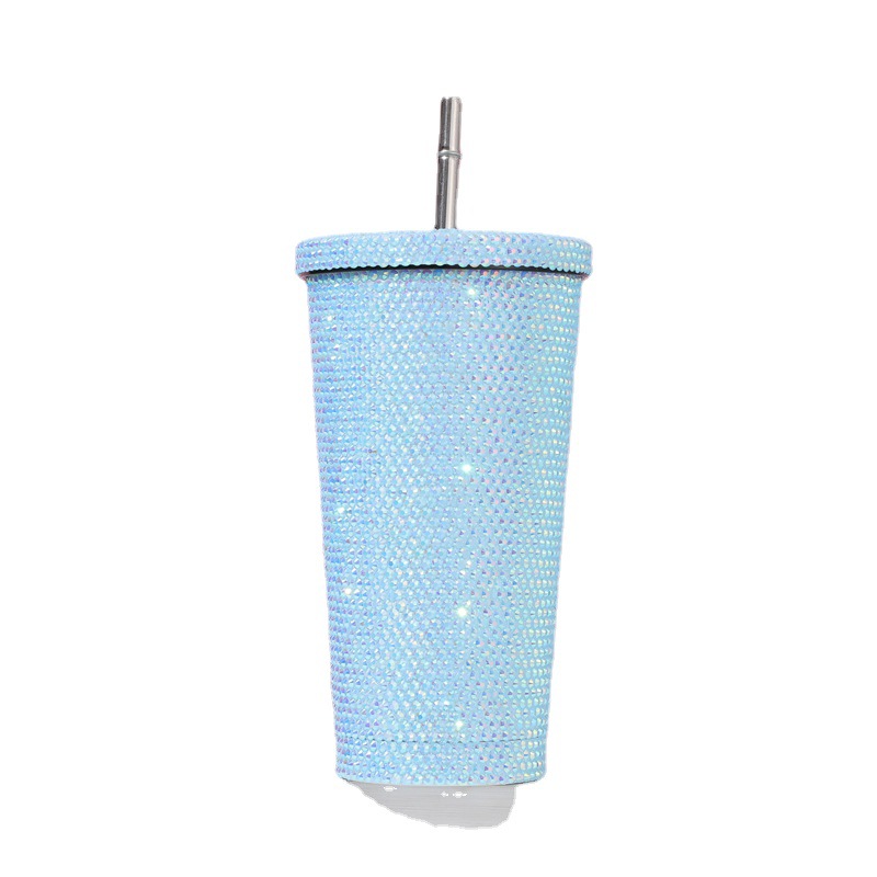 Internet Celebrity Diamond-Embedded Vacuum Cup Double-Layer Stainless Steel Cup with Straw Stick-on Crystals Rhinestone Coffee Cup Gift Cup Diamond-Embedded Drink Cup