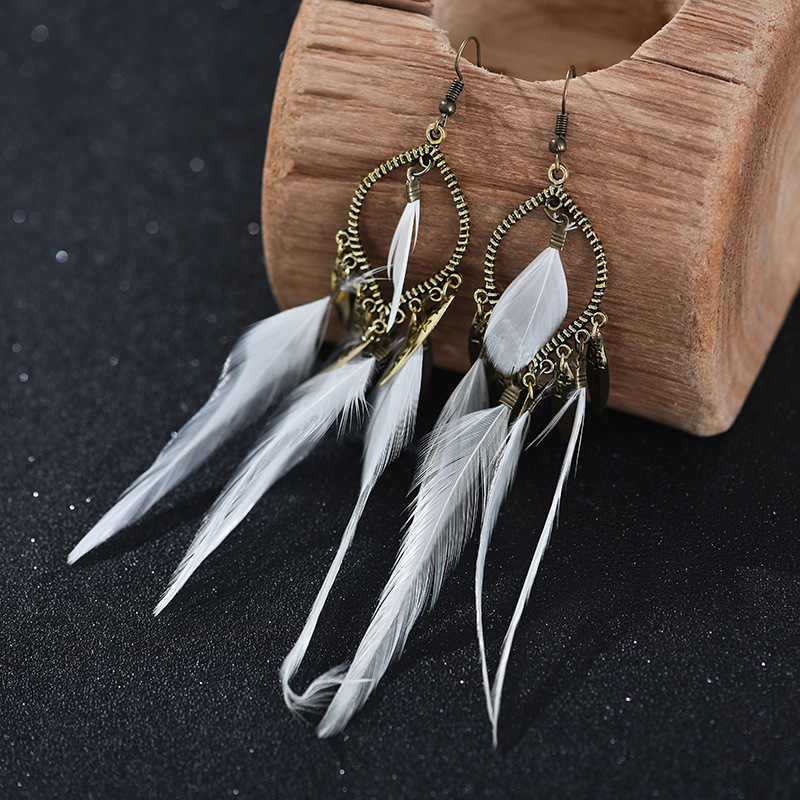 Cross-Border round Dreamcatcher Winding Leaves Horn Coffee Color Tassel Feather Earrings Female Leaves Wooden Posts Eardrops Earrings