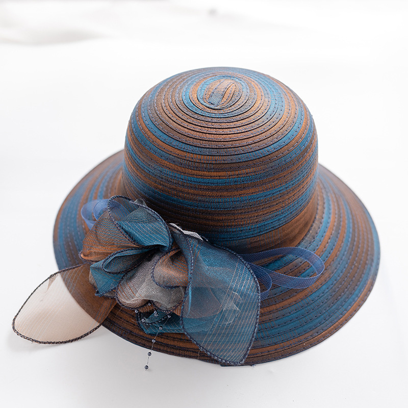 Straw Hat Female Sun Hat with Wide Brim Sun Protection Sun Hat Casual Middle-Aged and Elderly Gradient Organza Dome Hat Mom Style Hat