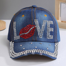新嘻哈牛仔布鸭舌帽水钻创意唇印棒球帽LOVE字母遮阳帽男女牛仔帽