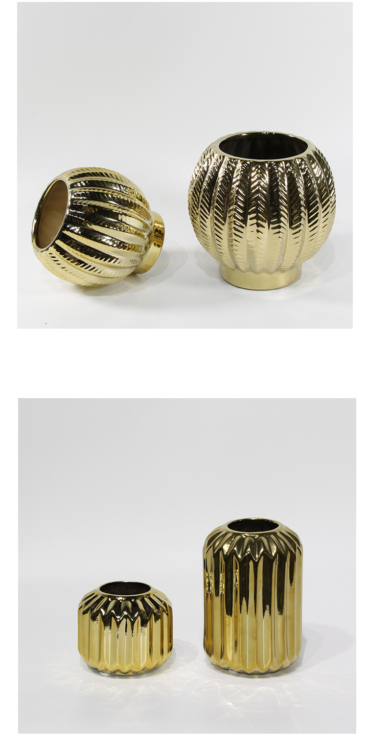 北欧风电镀金色陶瓷轻奢花瓶创意客厅软装摆件插花餐桌样板装饰品