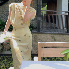 淡黄新中式碧珀凝香旗袍改良款包臀长裙
