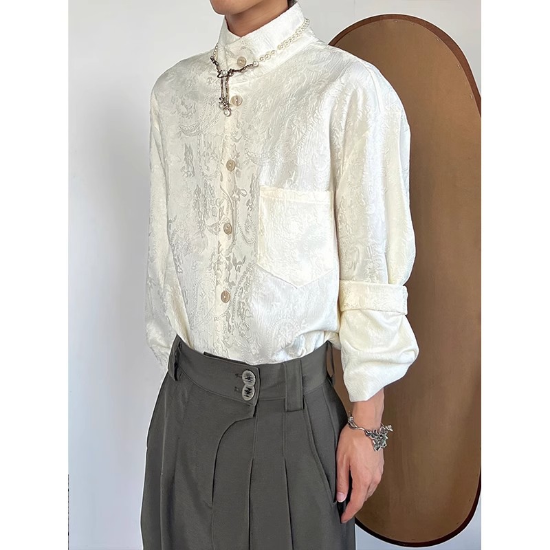 新中式立领提花质感秀场长袖衬衫小众设计感暗黑法式复古衬衣男女