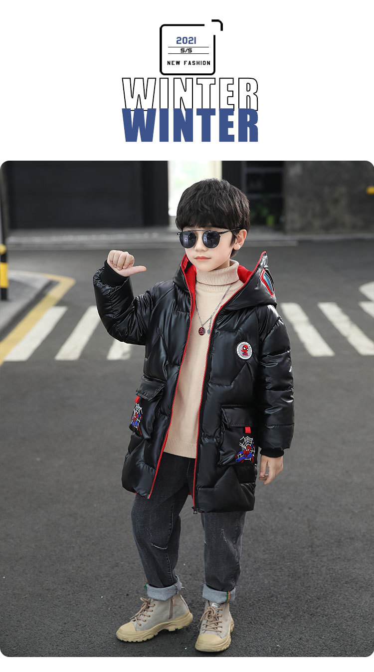 2021童装男童新款韩版冬款儿童棉衣中大童冬装男孩蜘蛛侠亮皮棉袄