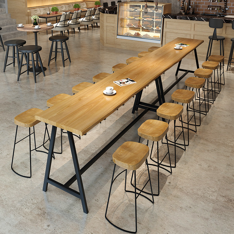 现代简约实木吧台桌奶茶店咖啡厅长条吧桌便利店餐厅高脚桌椅组合
