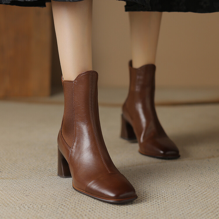 真皮粗跟短靴女2023秋冬季新款切尔西靴松紧女靴百搭牛皮高跟单靴