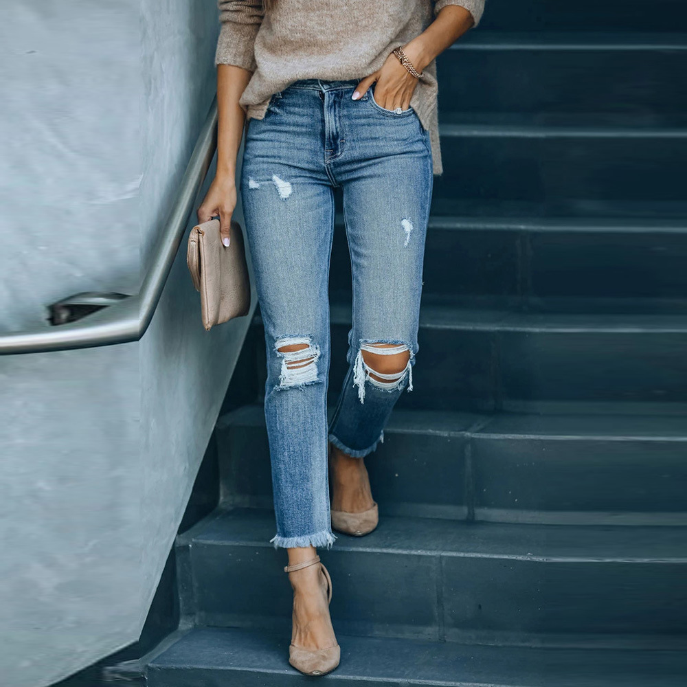 亚马逊2022年新款水洗牛仔裤女时颖欧美外贸磨破九分小脚裤782049