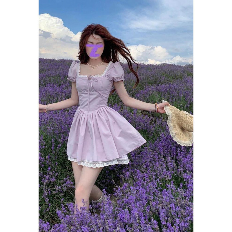 胖mm法式茶歇连衣裙女夏季纯欲甜美收腰显瘦公主蓬蓬短裙