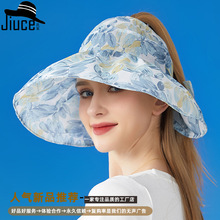 欧美夏季新款花布大沿空顶帽子女户外透气防晒帽遮脸可折叠太阳帽