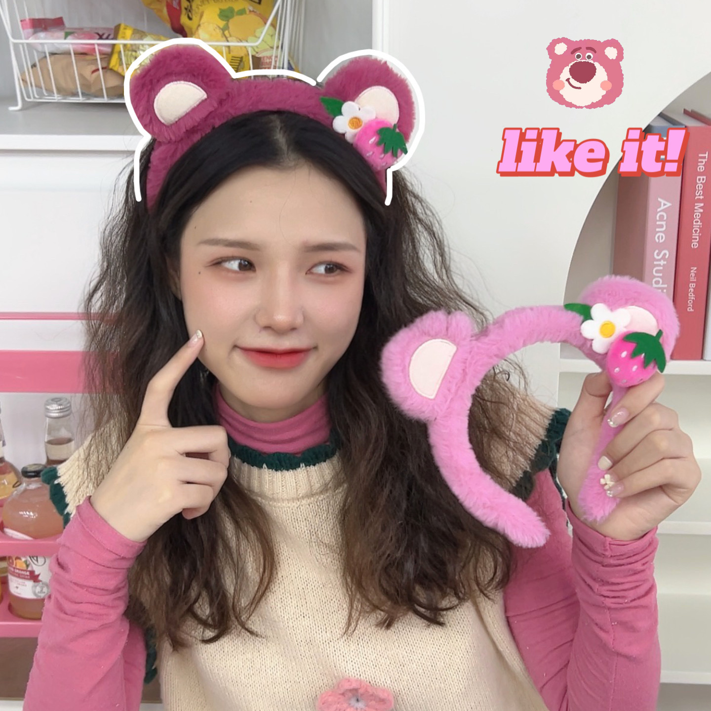Korean Ins Style Cute Plush Strawberry Bear Headband High-Grade Pink Rose Ears Face Wash Headband Wholesale