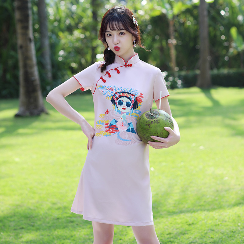 四面弹短款单层日常旗袍2021新款改良年轻款学生装宽松版连衣裙