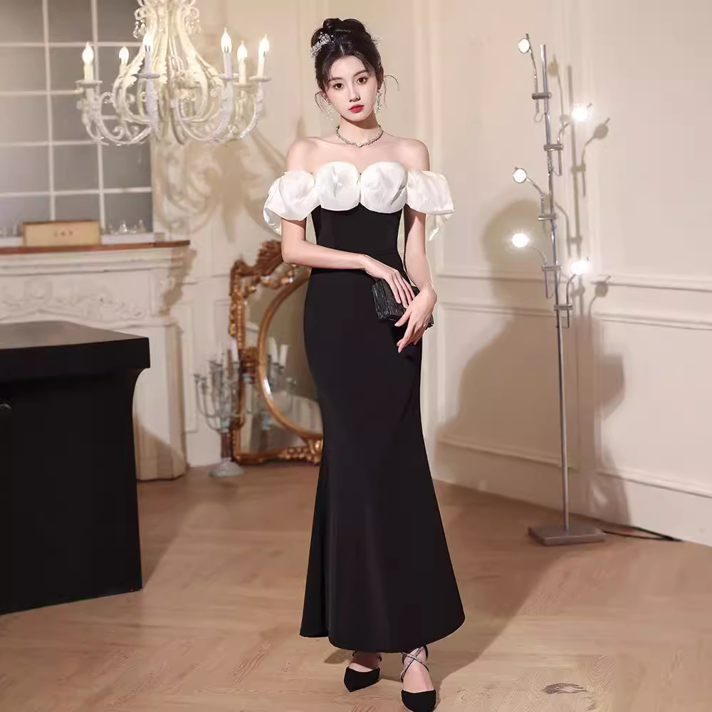 绝美一字肩晚礼服女2024新款高级感轻奢小众宴会主持人气质鱼尾裙