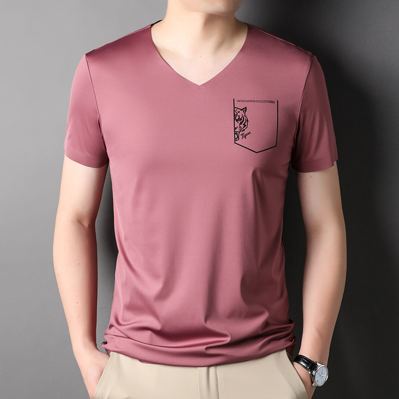 男士短袖t恤衫2024夏季薄款无痕中青年男装体恤时尚冰丝半袖v领衫