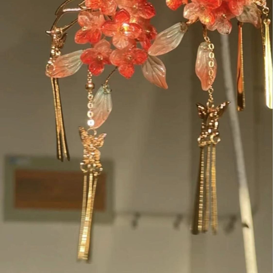 橙色琉璃发簪锦瑟 琉璃簪花发饰流苏发饰古风发饰 气质蝴蝶发簪