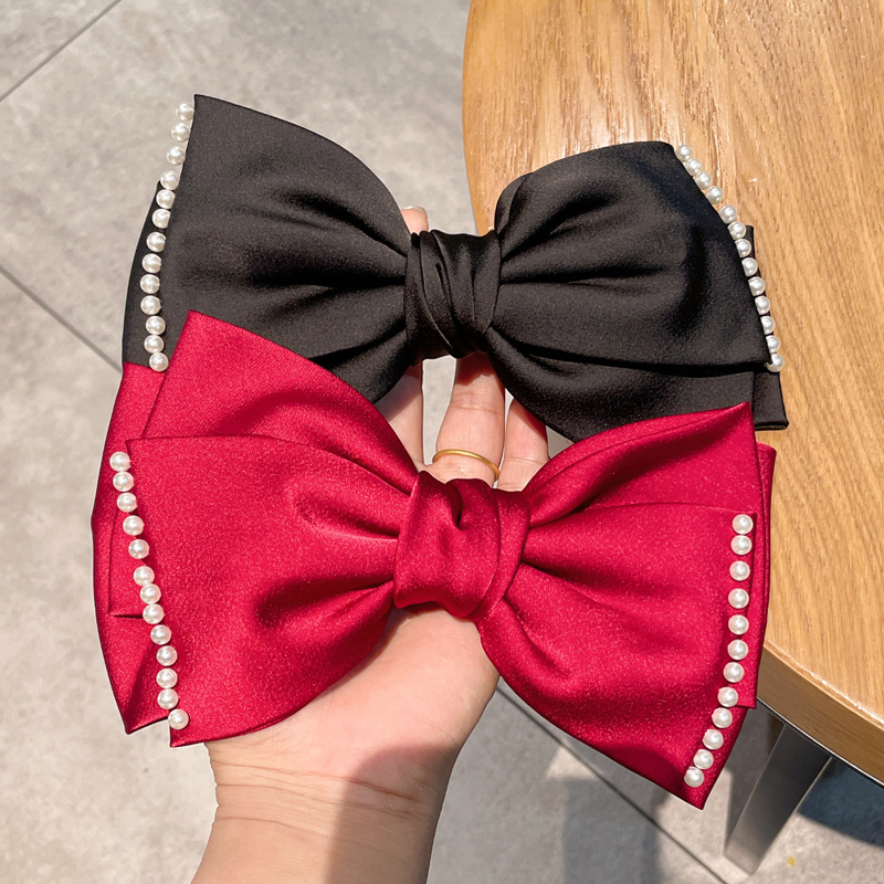 新款韩国进口缎面蝴蝶结手工珍珠蝴蝶结弹簧夹轻奢精致高级发饰厂