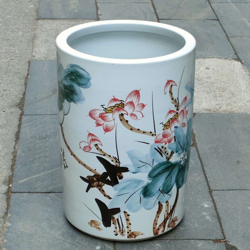 陶瓷雨伞缸书画筒手绘荷花卷轴字画缸家用装饰创意摆件陶瓷礼品