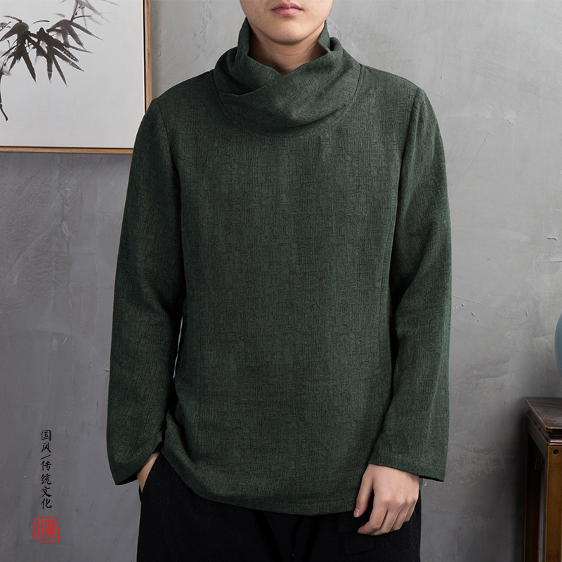 秋冬季新款复古中国风佛系男装大码宽松亚麻提花男士高领长袖t恤