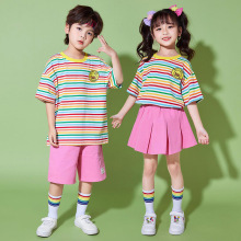 六一儿童啦啦队可爱小黄鸭彩虹条纹短袖演出服幼儿园拉拉操比赛服