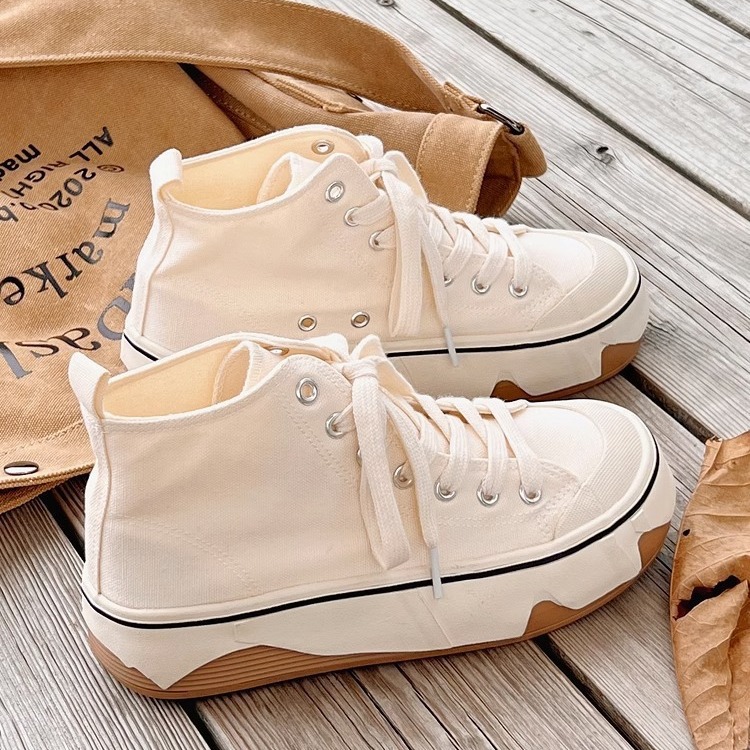 蓓尔高帮白色帆布鞋女2024夏季新款增高厚底小白鞋休闲百搭板鞋子