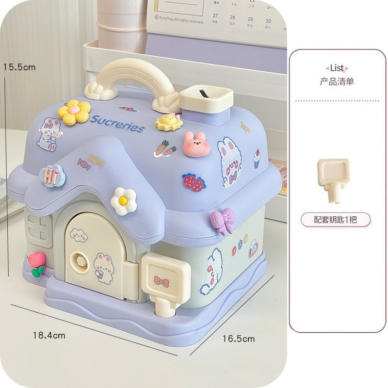 New Cartoon Piggy Bank Children's Small House Cute Internet Celebrity Piggy Bank with Lock Money Box Creative Toy Small Ornaments