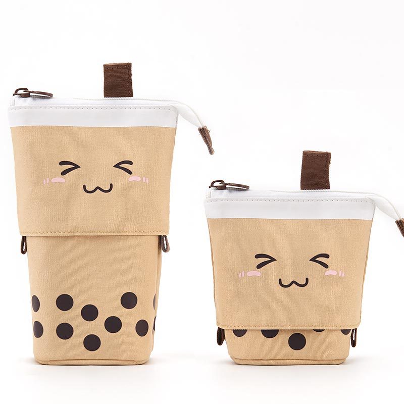 GZ Korean Creative Cute Milk Tea Drop-down Pencil Case Standing Telescopic round Cute Cartoon Pen Holder Storage