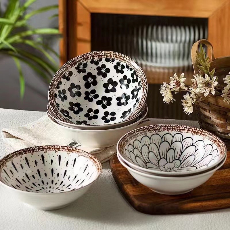 10-inch big bowl foreign trade export vintage rattan rain-hat shaped bowl ceramic household ceramic soup bowl