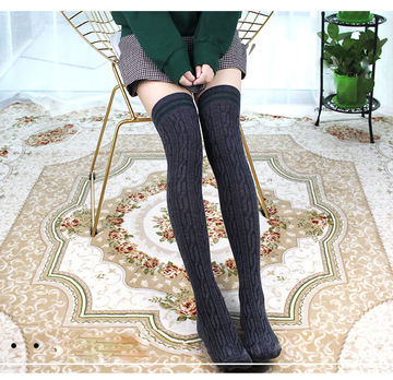 学生春秋过膝袜长筒袜麻花针织二杠竖条堆堆日系高筒长袜子女韩潮