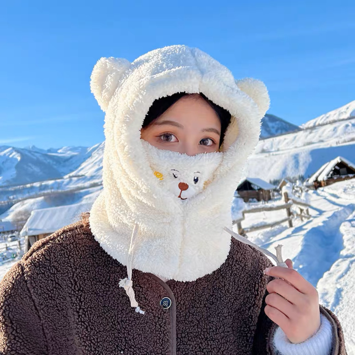 Cute Bear Hat Scarf Integrated Winter Women's Warm Thickened Plush Bonnet Korean Style Lambswool Riding Earmuffs Hat