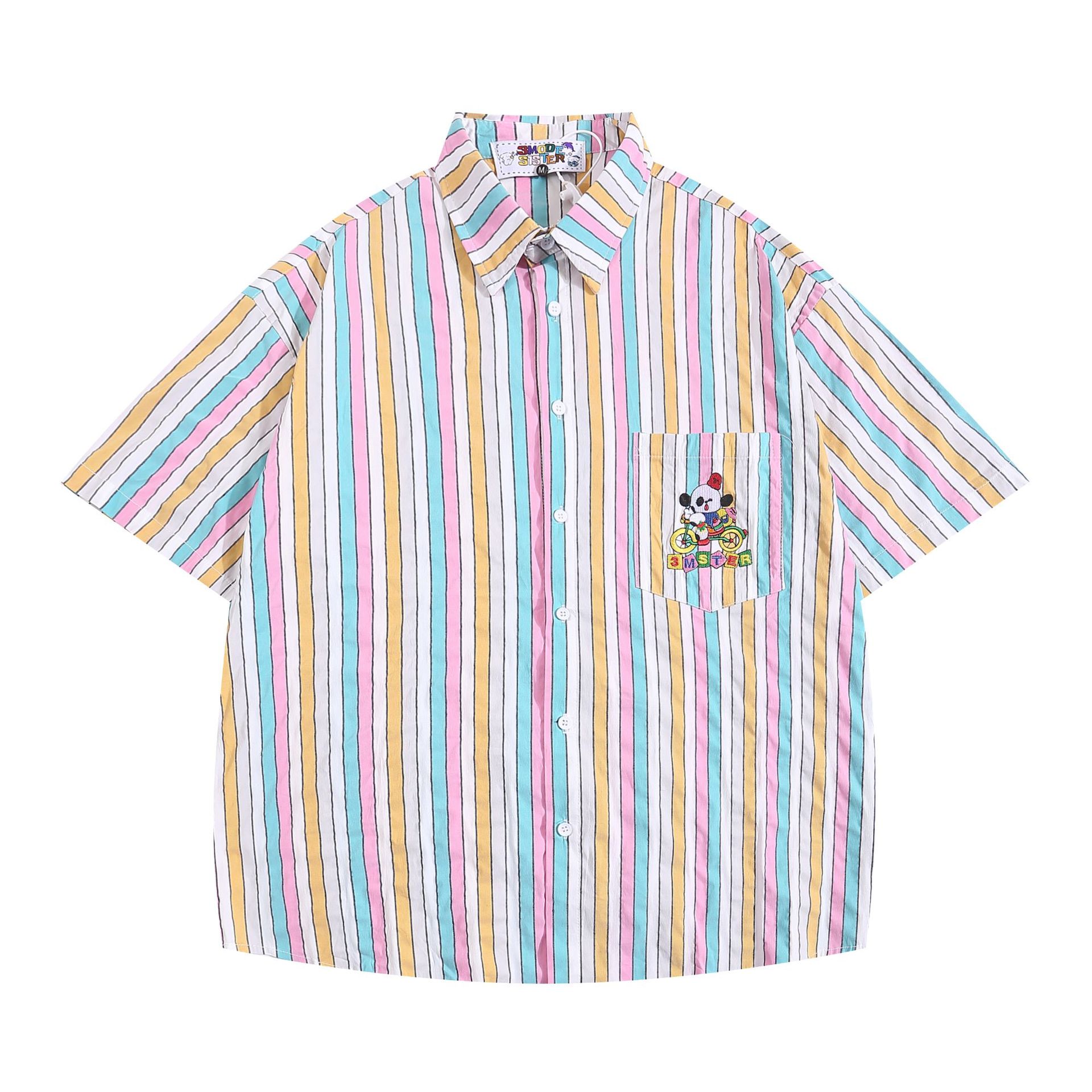 彩色条纹撞色短袖休闲衬衣男式街潮夏季卡通刺绣口袋翻领宽松衬衫