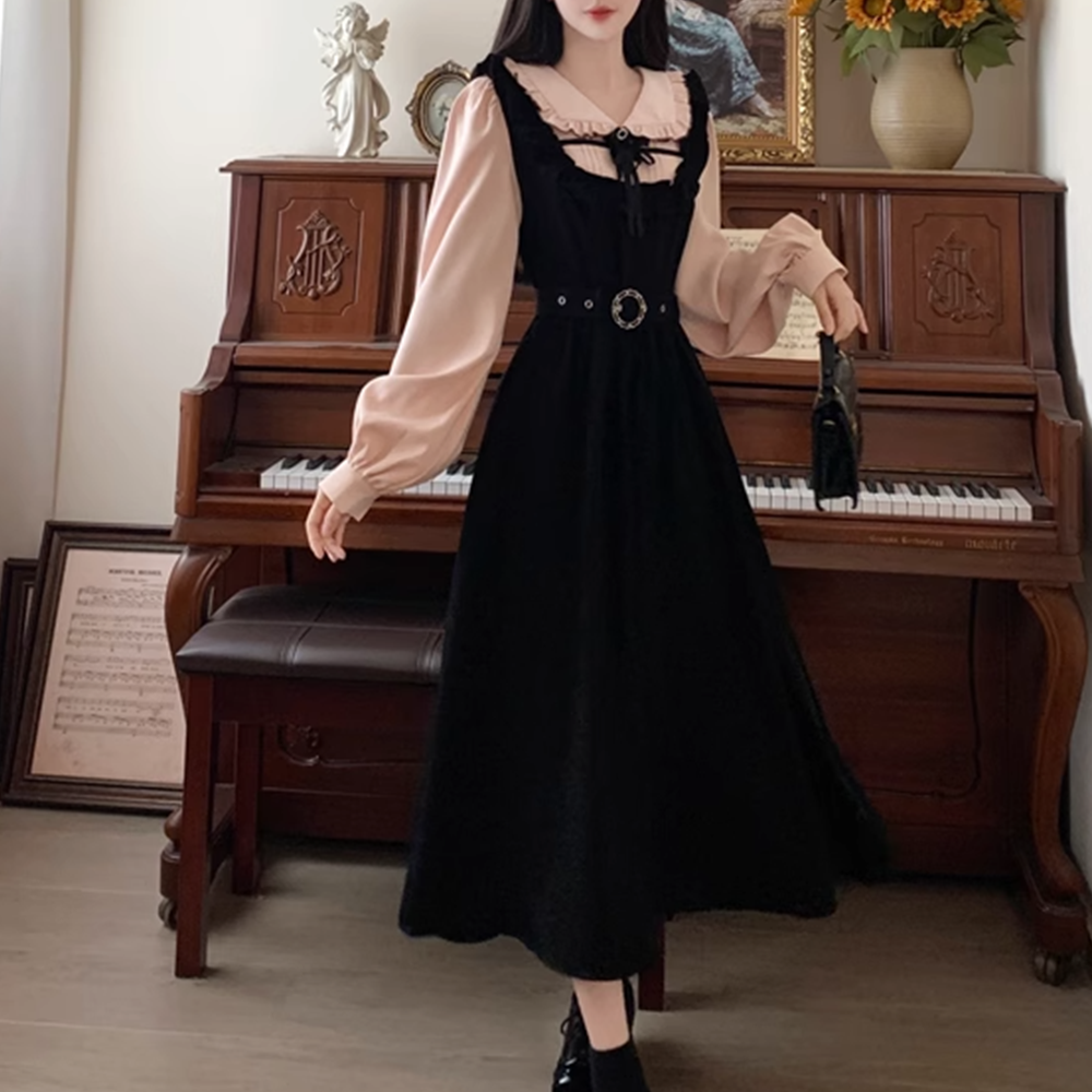 撞色衬衣拼接甜美蝴蝶结背带裙子秋冬季大码显瘦减龄假两件连衣裙