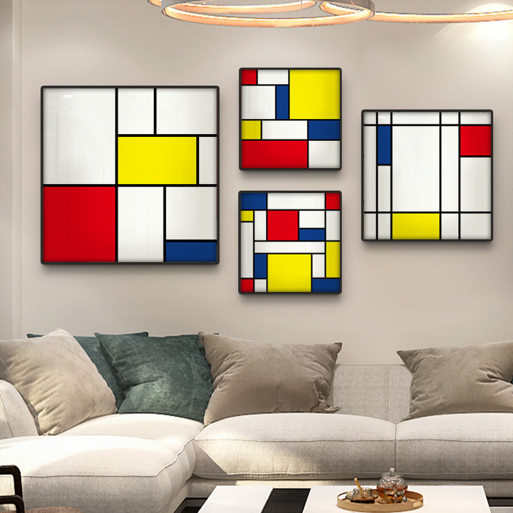 红蓝黄构图 现代简约客厅装饰画 蒙德里安抽象几何公寓样板房挂画