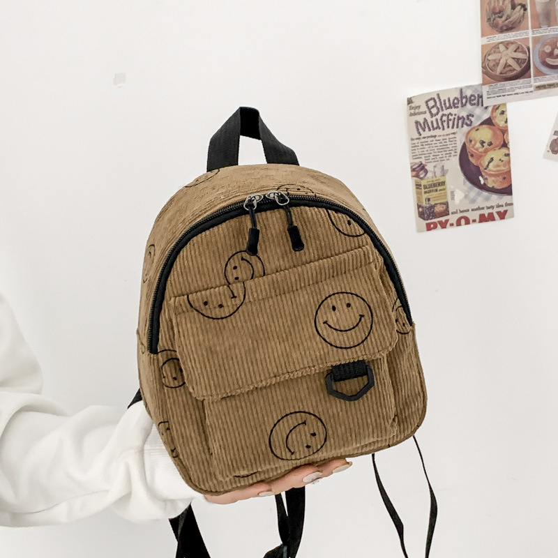 2023 New One-Shoulder Backpack Girls Outdoor Fresh Sweet Smiley Face Mobile Coin Purse Bag Corduroy Handbag