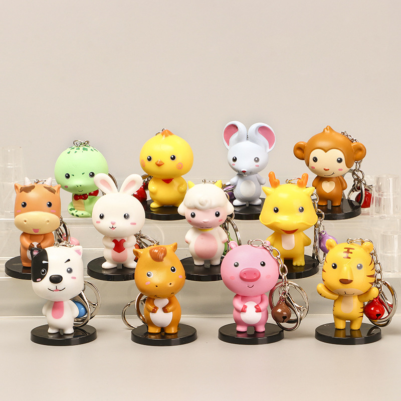 12款十二生肖手办钥匙扣 卡通鼠牛虎兔龙蛇马羊猴鸡狗猪公仔挂件