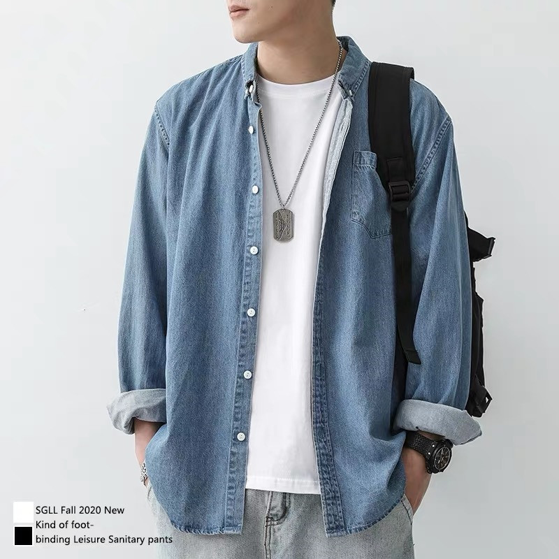 牛仔衬衫男长袖韩版潮流男装工装衬衣宽松日系夏季青少年休闲外套