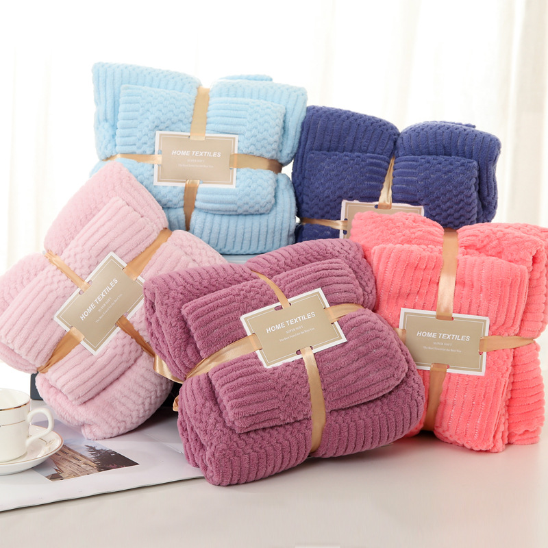 thick coral fleece towel bath towel set solid color auspicious grid soft absorbent adult beach towel set wholesale