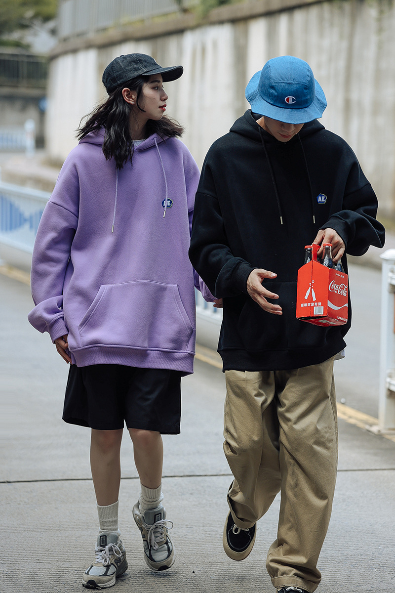 美式复古卫衣男潮ins秋季oversize外套情侣装roora连帽香芋紫上衣