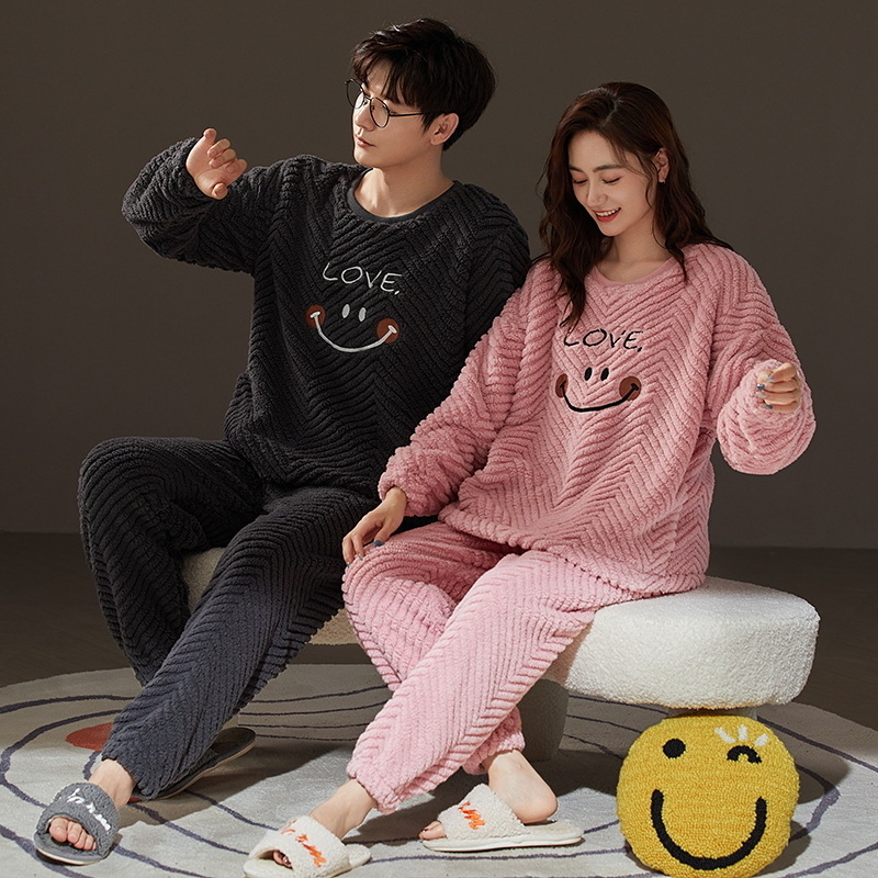 New Long-Sleeved Couple Flannel Pajamas Women Can Wear outside Thermal Coral Fleece Homewear Thickened Men's Suit Winter