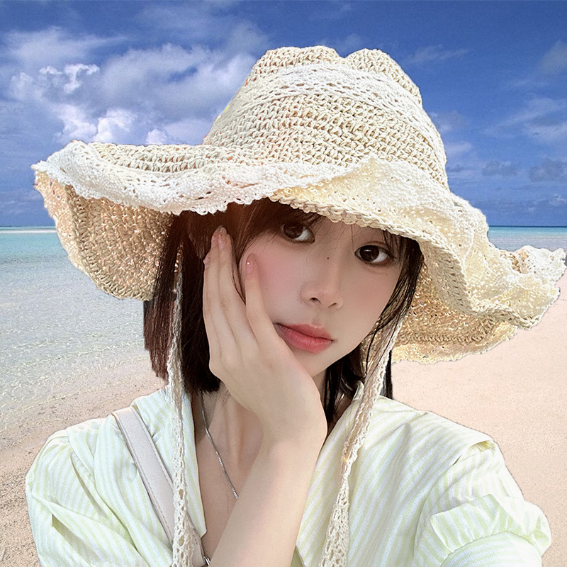 仙女的系带~深蓝浅蓝*镂空草编帽仙女系出游防晒沙滩太阳帽遮阳帽