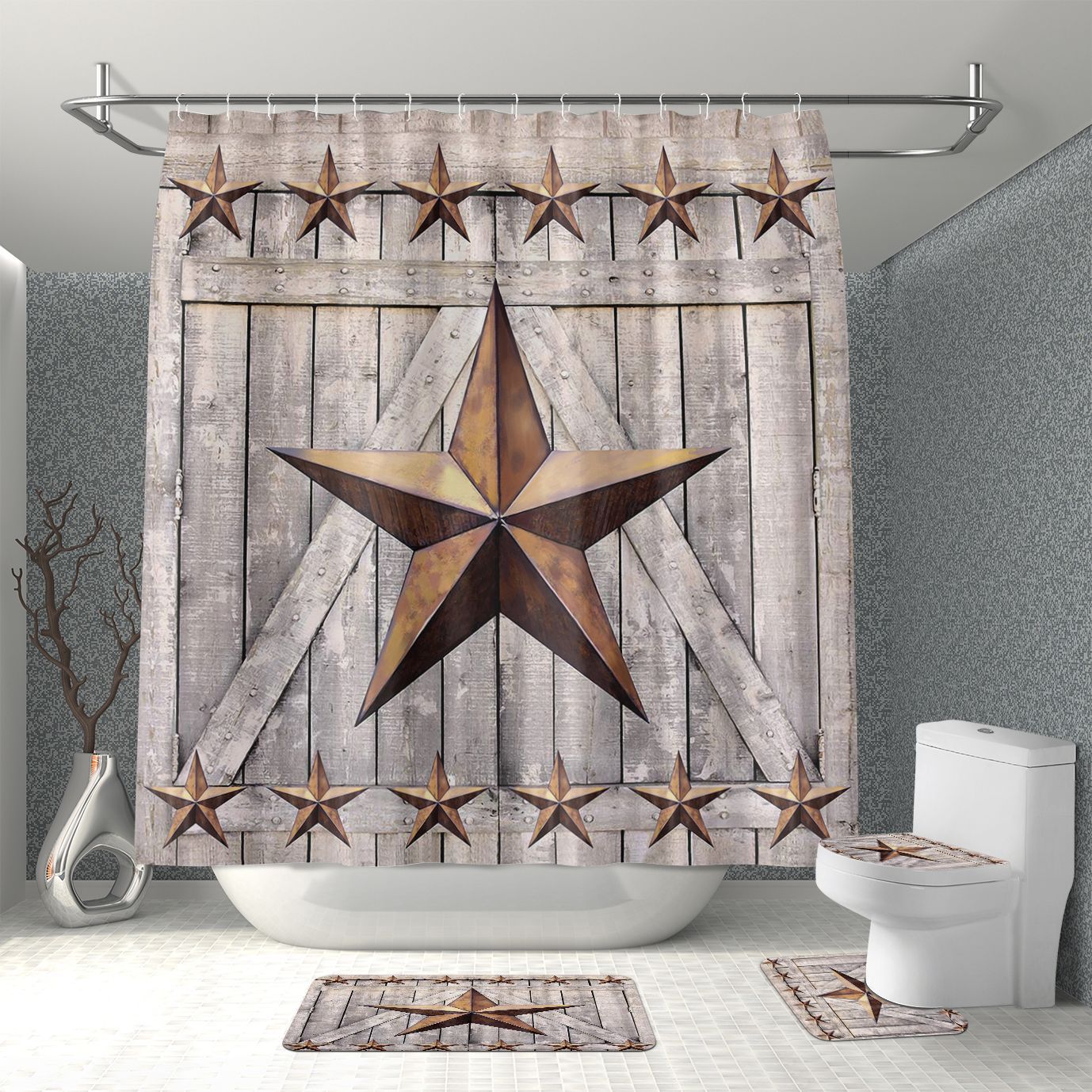 Source Manufacturer Amazon Cross-Border Hot Sale Five-Pointed Star Waterproof Polyester Bathroom Shower Curtain Floor Mat Four-Piece Set