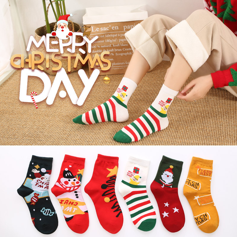 Autumn and Winter New Women's Christmas Cotton Socks Red Combed Cotton Sweat-Absorbent Boneless Cartoon Thick Mid-Calf Socks