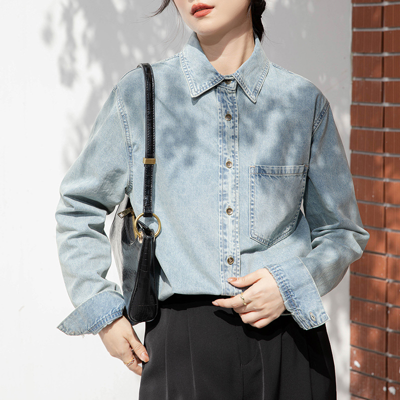 复古水洗浅色牛仔衬衫女春秋高级设计感小众叠穿上衣长袖衬衣外套