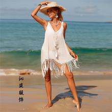 夏季新款跨境外贸沙滩罩裙吊带流苏比基尼休闲纯色度假沙滩罩衫
