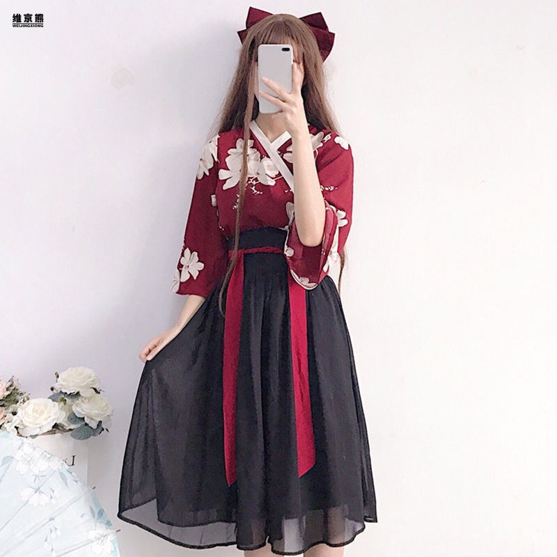 Hanfu Wholesale Spring and Summer New Girl Flower Room Folk Ancient Style Han Elements Improved Cross Collar Style Skirt Suit