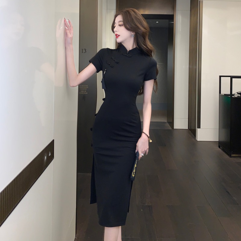 Chinese Style Retro Buckle Cheongsam Dress Women's Summer High-Grade Elegant Little Black Dress Waist Slimming Sheath Dress